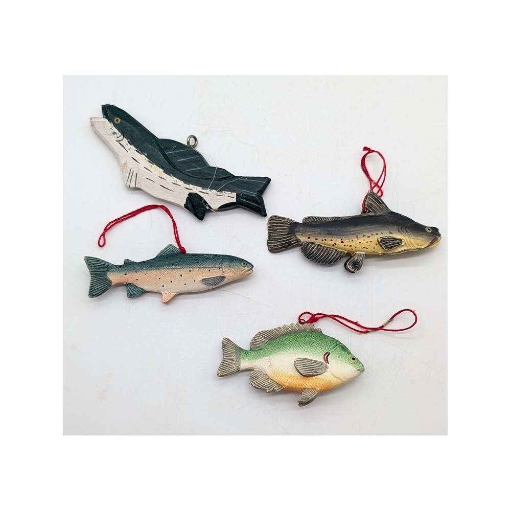 Vintage Handmade Wooden Fish Ornaments 4 Set Rustic Cabin Lodge Fishing Coastal